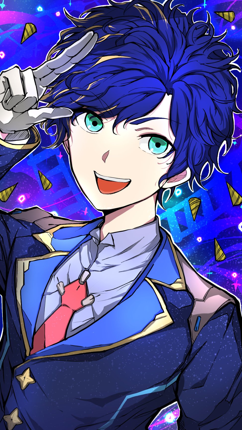 1boy, :d, aqua_eyes, astel_leda, blonde_hair, blouse, blue_background, blue_hair