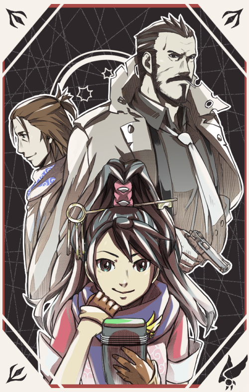 1girl, 2boys, ace_attorney, ace_attorney_investigations, achrocide, beard, black_hair, brown_gloves