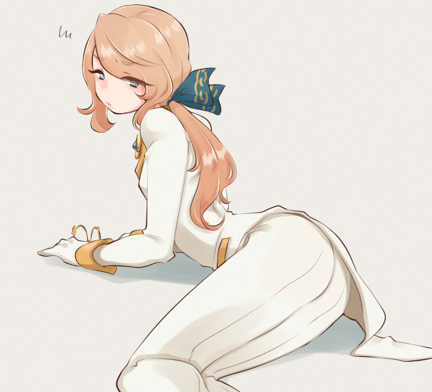 1boy, blonde_hair, blue_eyes, blush, bow, cookie_run, earl_grey_cookie, eyes_visible_through_hair, unworn_eyewear, gloves, grey_background, hair_bow, lying, male_focus, niwa_(niwa827), on_side, pants, ponytail, simple_background, solo, squiggle, trap, twisted_torso, white_pants