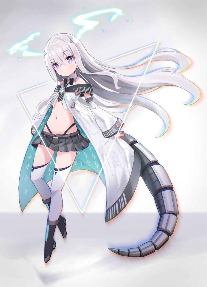 1girl, boots, bow, bowtie, collared_shirt, cropped_shirt, detached_sleeves, dragon_girl, flat_chest, grey_hair, highleg, highleg_panties, highres, holographic_horns, ibuki_meno, long_hair, mechanical_tail, microskirt, midriff, necktie, panties, pleated_skirt, prism_project, purple_eyes, shirt, siragagaga, skirt, sleeveless, sleeveless_jacket, solo, tail, thighhighs, underwear, virtual_youtuber