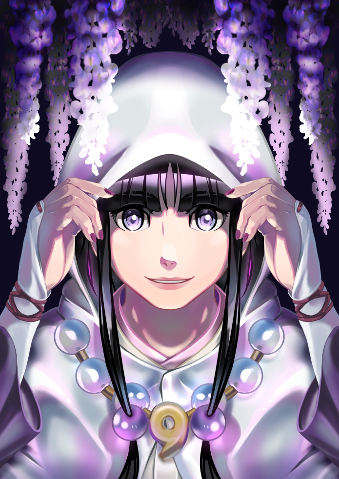 1girl, ace_attorney, achrocide, black_hair, flower, hair_ornament, hood, jewelry, long_hair, magatama, magatama_necklace, maya_fey, nail_polish, necklace, phoenix_wright:_ace_attorney_-_spirit_of_justice, purple_eyes, purple_nails, solo, sphere_hair_ornament, upper_body, white_hood, wisteria