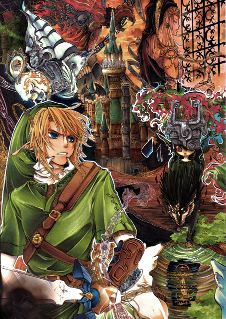 1boy, 2girls, blonde_hair, blue_eyes, castle, hat, helmet, holding, holding_sword, holding_weapon, link, long_hair, master_sword, midna, midorihana_yasaiko, multiple_girls, nintendo, pointy_ears, princess_zelda, red_eyes, sword, the_legend_of_zelda, the_legend_of_zelda:_twilight_princess, weapon, wolf, wolf_link, zant