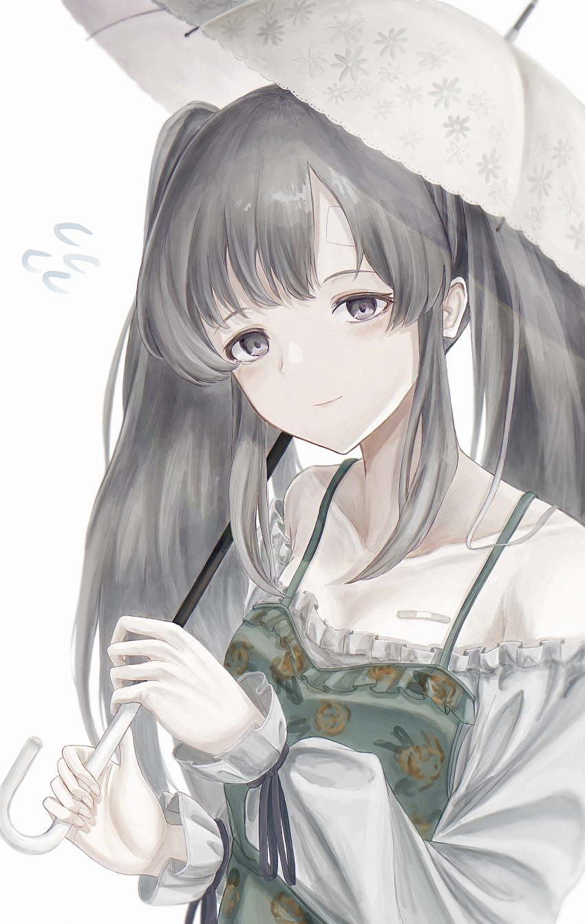 1girl, absurdres, ageo, aqua_dress, bandaid, black_ribbon, blush, collarbone