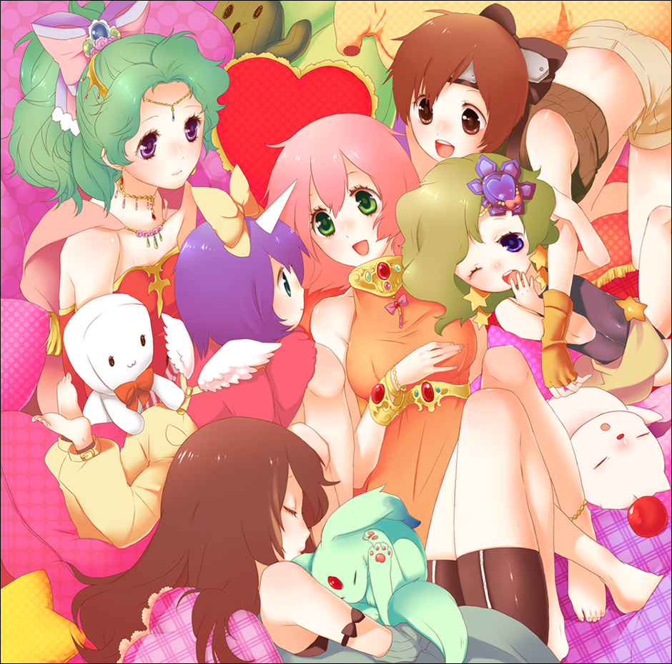 00s, 1990s_(style), 6+girls, aged_down, black_eyes, black_hair, blue_eyes, blue_hair