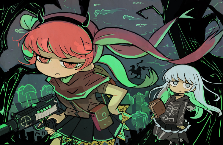 2girls, book, chaos_wizard_(spectral_wizard), fake_horns, ghost, grey_eyes, grey_hair, gun