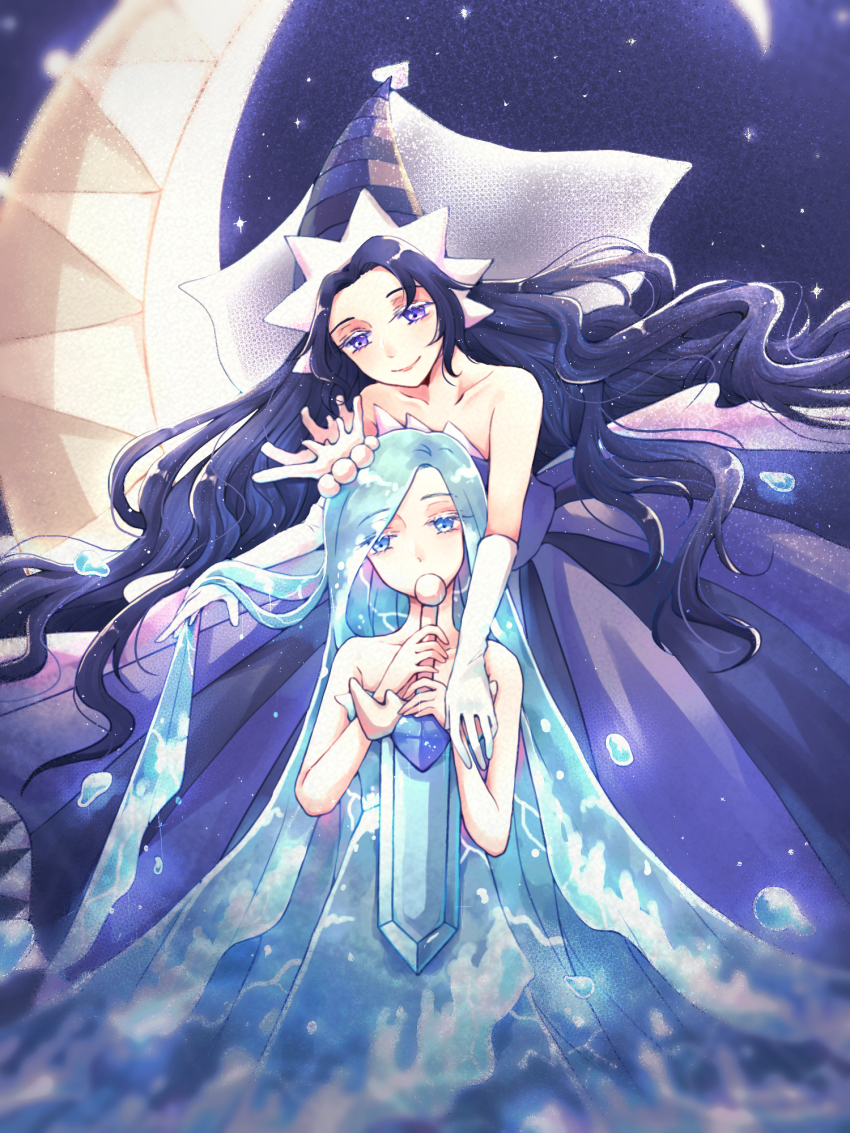2girls, bare_shoulders, barefoot, blue_eyes, blue_hair, breasts, cat-kelp, cleavage, commentary, cookie_run, diamond_(shape), dress, english_commentary, hair_ornament, highres, humanization, jewelry, large_breasts, long_hair, looking_at_viewer, moonlight_cookie, multiple_girls, necklace, personification, sea_fairy_cookie, sword, thighs, very_long_hair, weapon