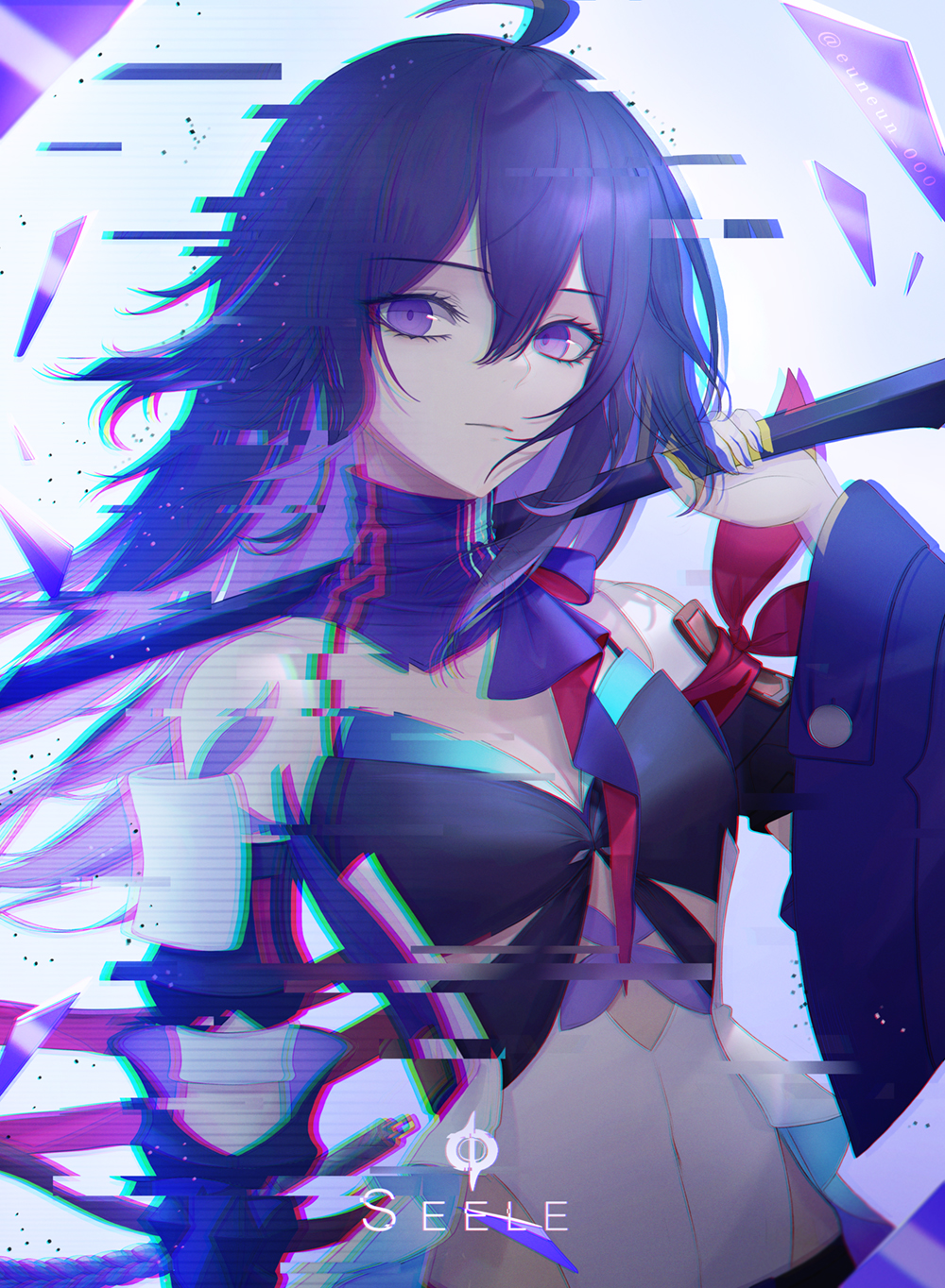 1girl, breasts, eun_(eunice), eyebrows_hidden_by_hair, hair_between_eyes, highres, holding, holding_sword, holding_weapon, honkai:_star_rail, honkai_(series), katana, long_hair, looking_at_viewer, purple_eyes, purple_hair, seele_(honkai:_star_rail), solo, sword, upper_body, weapon