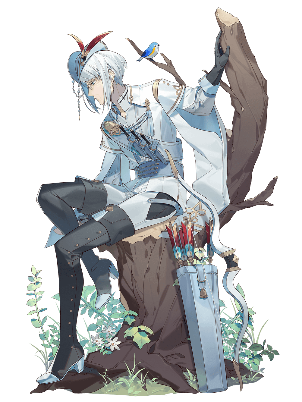 1boy, arm_support, arrow_(projectile), bell, belt, bird, black_boots, black_gloves