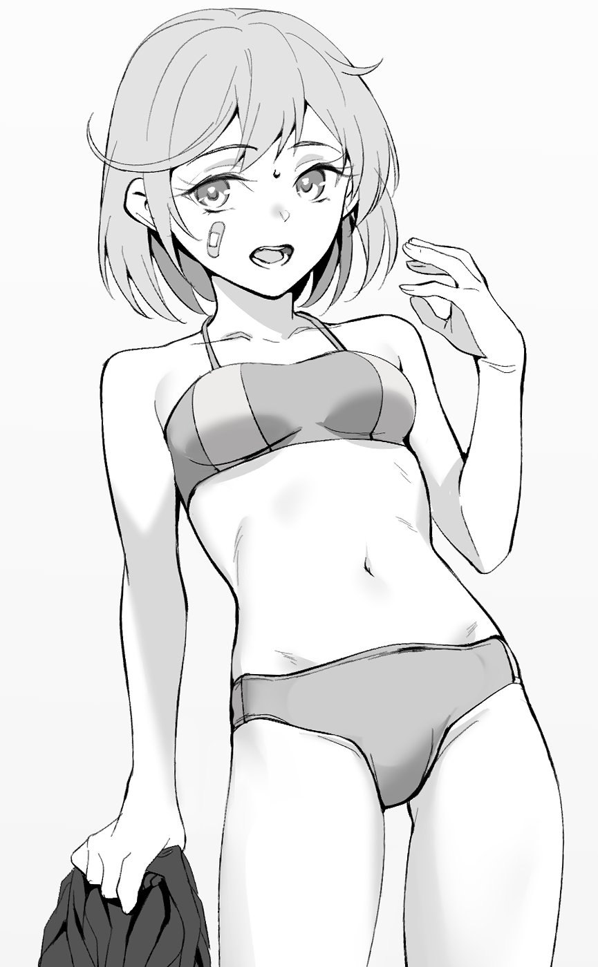 1girl, bandaid, bandaid_on_face, bikini, covered_navel, cowboy_shot, greyscale, highres