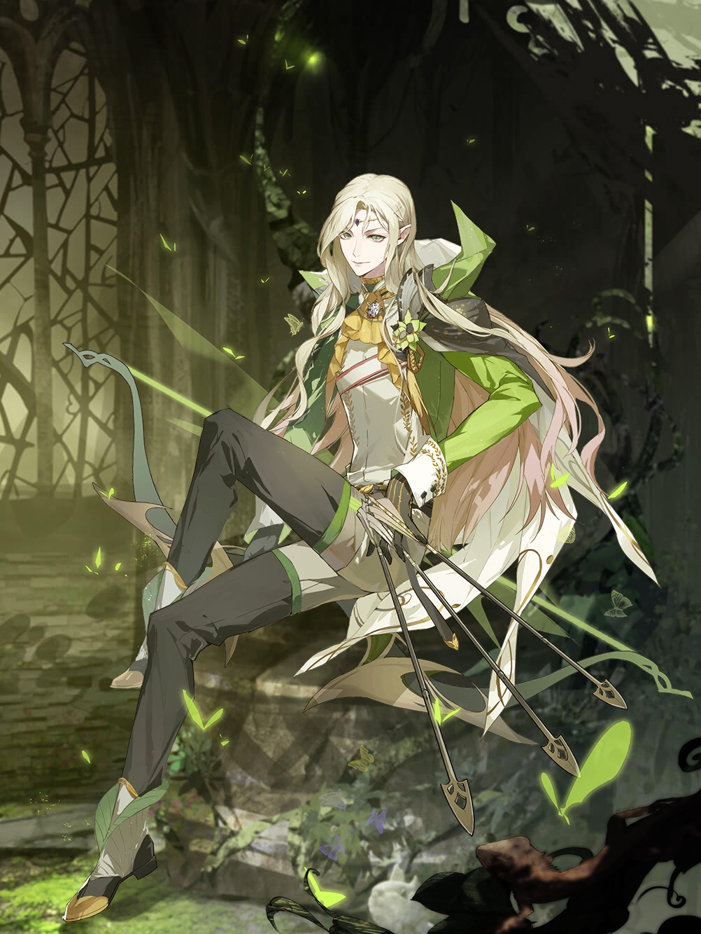 1boy, ankle_boots, arrow_(projectile), ascot, between_fingers, black_cape, black_gloves, black_pants, blonde_hair, blouse, boots, boutonniere, bow_(weapon), brooch, bug, cape, chest_strap, circlet, collared_jacket, crossed_legs, food_fantasy, gloves, green_eyes, green_jacket, head_chain, highres, holding, holding_arrow, holding_bow_(weapon), holding_weapon, jacket, jewelry, knee_up, long_hair, looking_at_viewer, male_focus, martini_(food_fantasy), moss, multicolored_pants, official_art, on_rock, pants, pointy_ears, rock, shirt, sitting, smile, solo, third-party_source, weapon, white_shirt, yellow_ascot