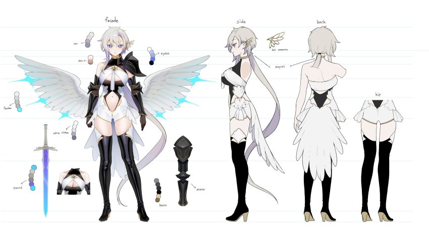 1girl, absurdres, angel_wings, armor, back, backless_outfit, bare_shoulders, blue_eyes