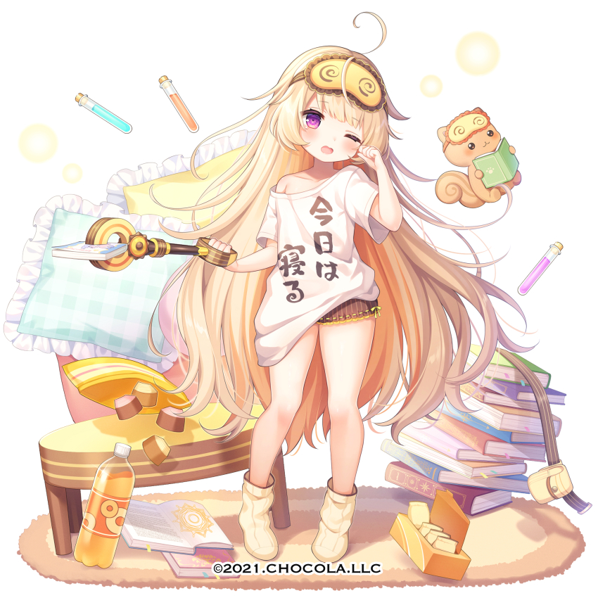 1girl, ahoge, blonde_hair, blouse, blush, book, book_stack, bottle