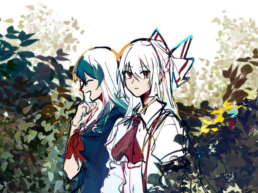2girls, :d, :|, ascot, blouse, blue_dress, bow, bush, closed_mouth, collared_shirt, commentary, dress, closed_eyes, from_side, fujiwara_no_mokou, green_hair, hair_between_eyes, hair_bow, hand_up, highres, hiiragi_(unftoas), kamishirasawa_keine, long_hair, looking_at_viewer, looking_to_the_side, multiple_girls, neckerchief, missing_headwear, no_headwear, open_mouth, red_ascot, red_eyes, red_neckerchief, shirt, sketch, smile, touhou, upper_body, white_bow, white_hair, white_shirt
