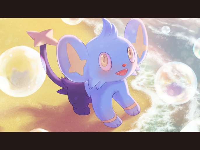 :d, bubble, commentary_request, fangs, gen_4_pokemon, nintendo, no_humans, open_mouth, pokemon, pokemon_(creature), sand, shinx, shore, smile, solo, standing, tsuyuki_rune, water, yellow_eyes