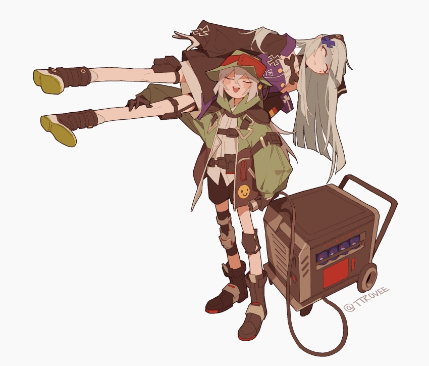 2girls, black_gloves, black_shorts, blouse, blunt_bangs, cable, can, closed_eyes