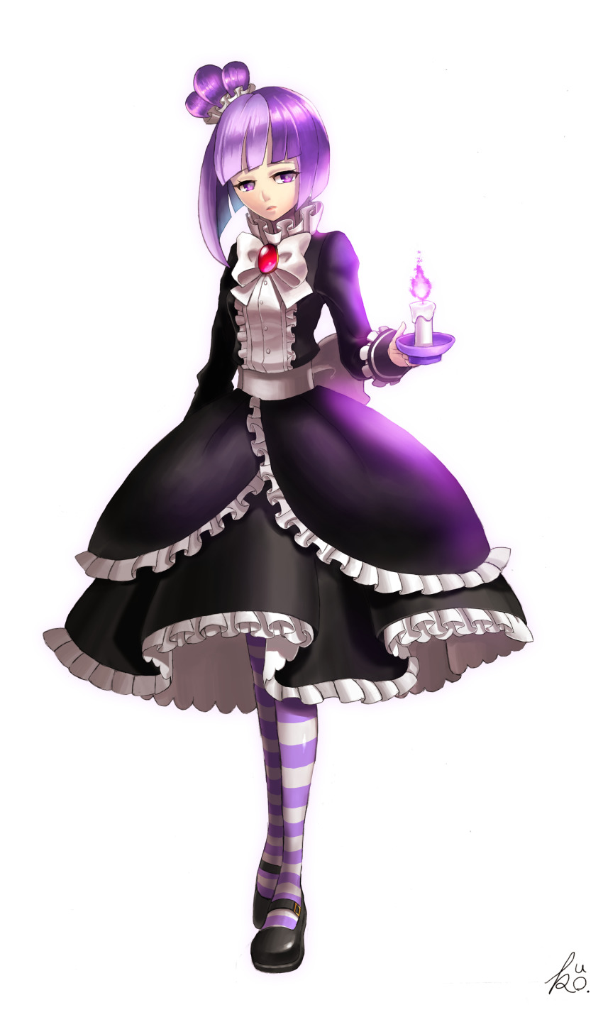 1girl, absurdres, black_dress, blackberry_cookie, bow, brooch, candle, cookie_run