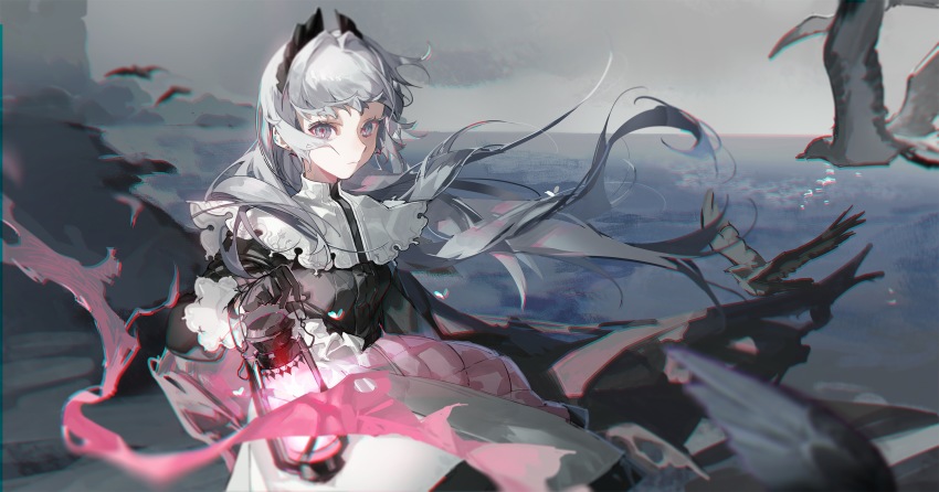 1girl, arknights, bird, black_gloves, black_shirt, blouse, character_name, copyright_name