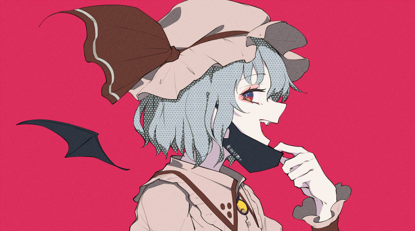 1girl, bat_wings, blouse, blue_hair, bow, brooch, character_name, collared_shirt