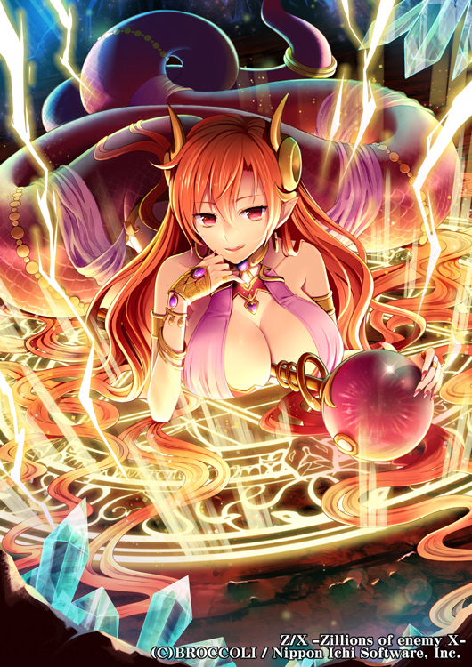 1girl, armlet, bracelet, breasts, cleavage, copyright_name, crystal, hair_between_eyes