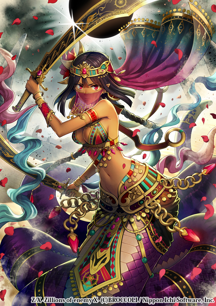 1girl, armlet, black_hair, bracelet, braid, breasts, copyright_name, dark-skinned_female, dark_skin, dual_wielding, earrings, eclipse, holding, holding_sword, holding_weapon, jewelry, lamia, looking_at_viewer, medium_hair, monster_girl, mouth_veil, navel, official_art, outdoors, pointy_ears, red_eyes, ronce, solo, sword, veil, weapon, z/x