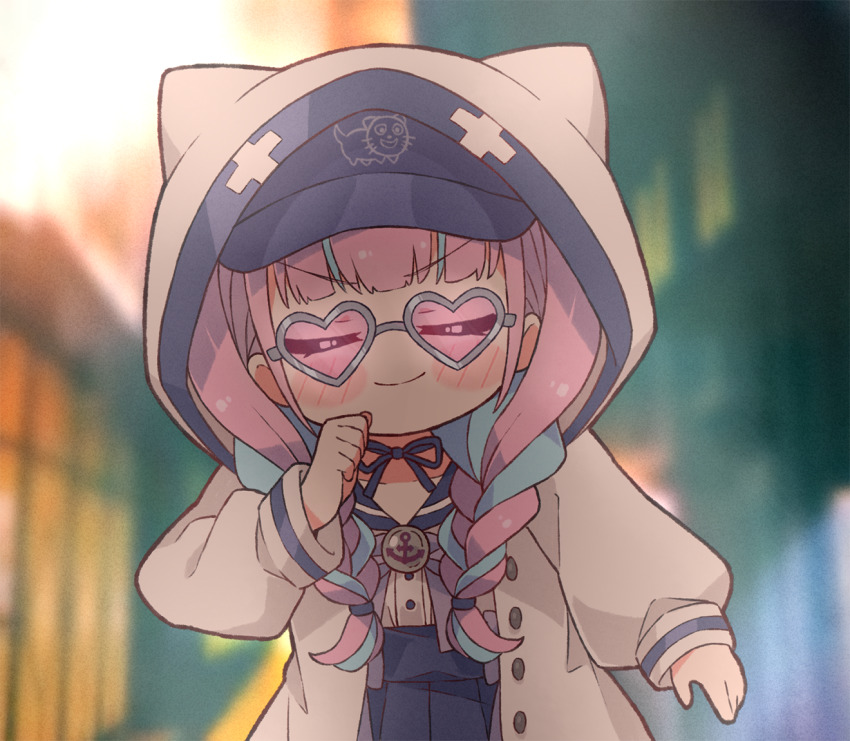 1girl, animal_hood, blue_hair, blue_sailor_collar, blunt_bangs, blush_stickers, braid, cat_hood