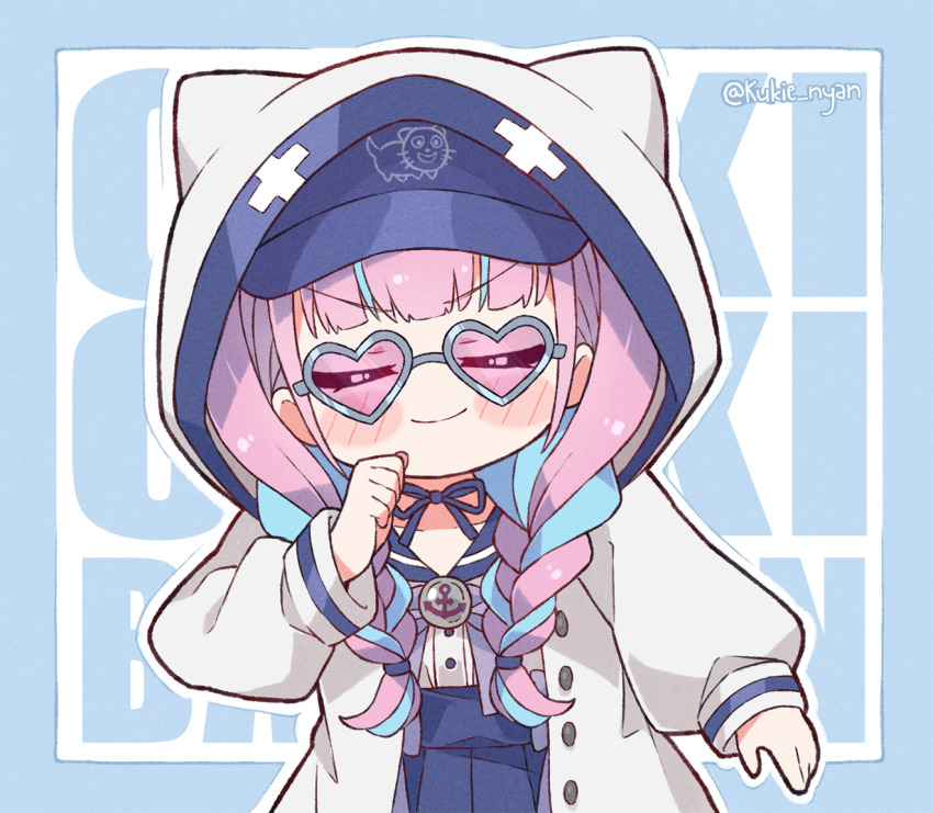 1girl, animal_hood, blue_hair, blue_sailor_collar, blunt_bangs, blush_stickers, braid, cat_hood