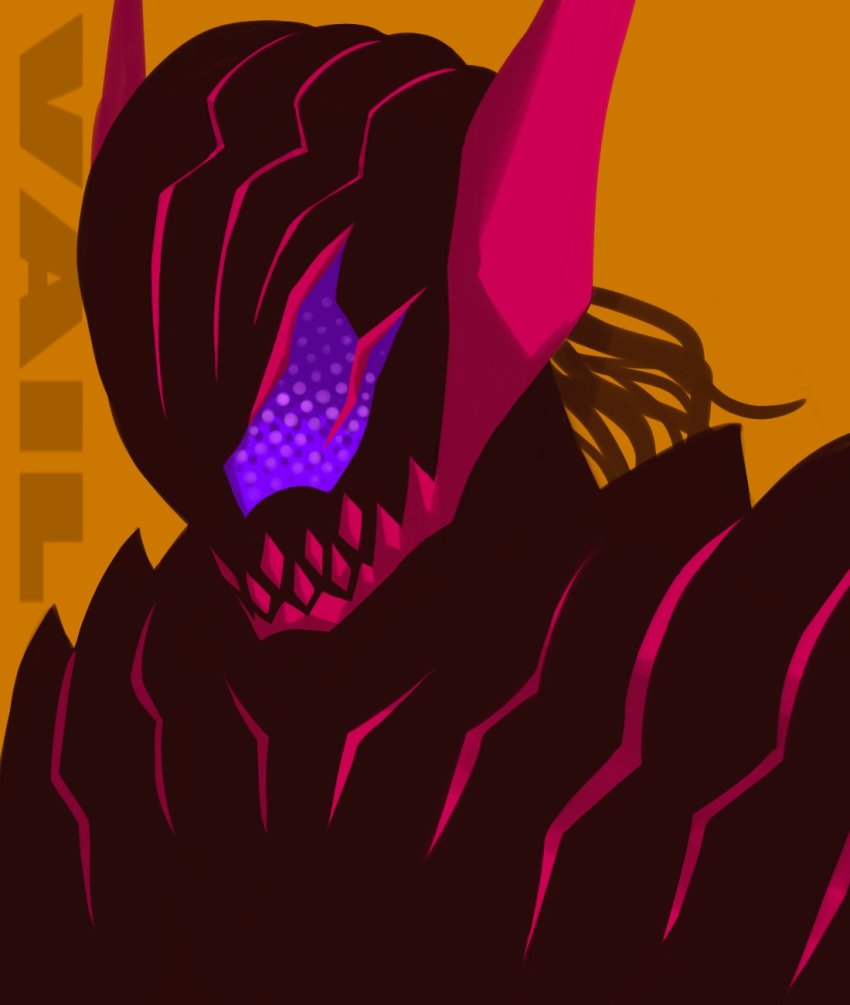 1boy, armor, character_name, commentary_request, compound_eyes, demon, demon_boy, grey_hair, hair_slicked_back, highres, kamen_rider, kamen_rider_revice, monster, orange_background, pointy_ears, purple_eyes, shadow_(modeler3622), sharp_teeth, simple_background, teeth, vail_(kamen_rider_revice)