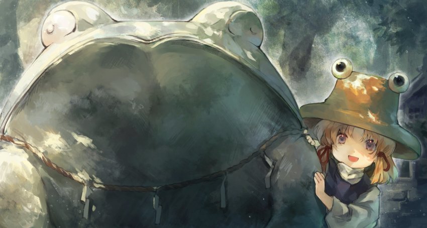 1girl, :d, absurdres, blonde_hair, blouse, frog, hair_ribbon, hat