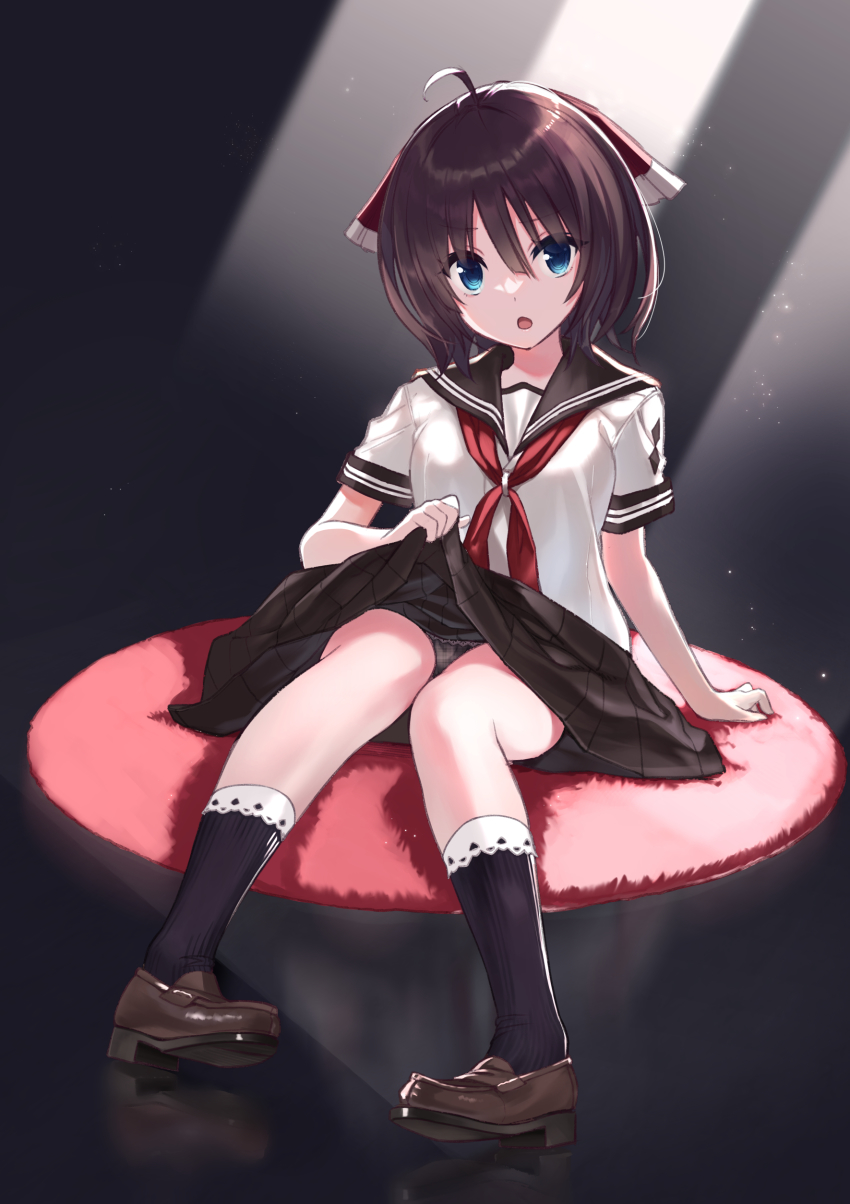 1girl, absurdres, ahoge, amatsutsumi, black_panties, blouse, blue_eyes, breasts, brown_hair, brown_sailor_collar, brown_shoes, brown_skirt, clothes_lift, commission, hair_between_eyes, highres, knees_together_feet_apart, lifting_own_clothes, light_particles, loafers, looking_at_viewer, minazuki_hotaru_(amatsutsumi), neckerchief, open_mouth, panties, pantyshot, pleated_skirt, purple_socks, red_neckerchief, sailor_collar, school_uniform, serafuku, shirt, shoes, short_sleeves, sitting, skirt, skirt_lift, small_breasts, socks, solo, underwear, white_shirt, zero_(miraichizu)