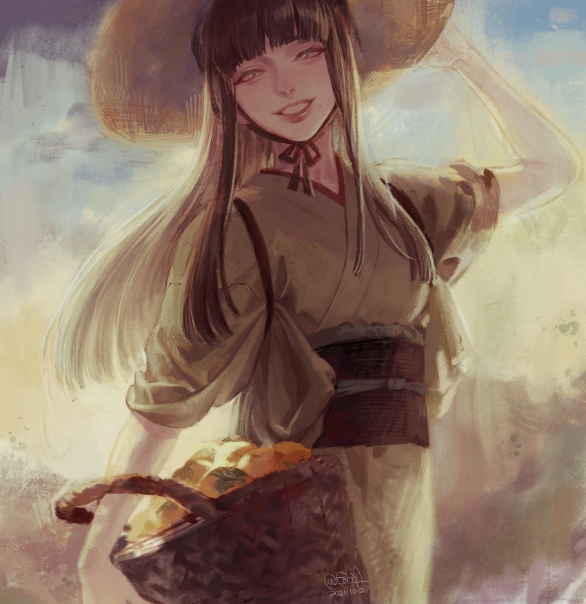 1girl, :d, basket, black_hair, blunt_bangs, blunt_ends, brown_kimono, chinese_commentary, commentary_request, cowboy_shot, dated, final_fantasy, final_fantasy_xiv, food, fruit, green_eyes, hand_on_headwear, happy, hat, highres, holding, holding_basket, japanese_clothes, kimono, long_hair, looking_at_viewer, obi, open_mouth, outdoors, persimmon, poriaflgilake, sash, signature, smile, solo, straight_hair, straw_hat, yotsuyu_goe_brutus