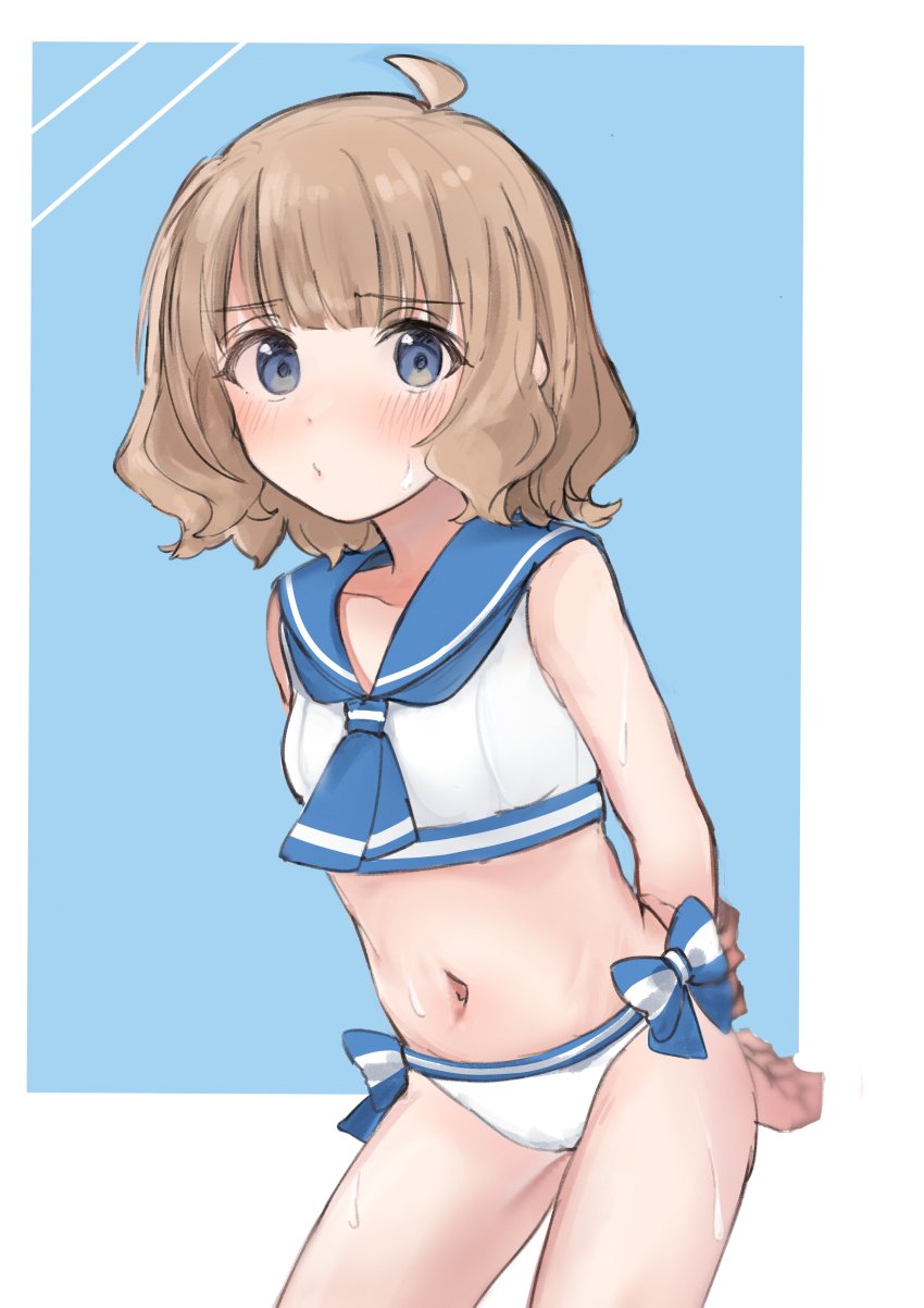 absurdres, ahoge, arms_behind_back, bikini, blue_background, blue_bow, blue_eyes, blue_neckerchief