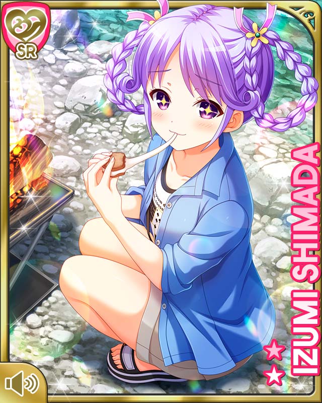 1girl, barefoot_sandals_(jewelry), blouse, blue_shirt, braid, brown_shorts, character_name, closed_mouth