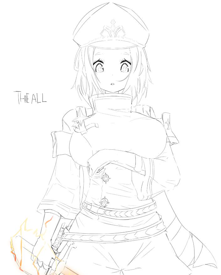 1girl, alchemy_stars, cordy_(alchemy_stars), hat, military, military_hat, military_uniform, monochrome, short_hair, sword, weapon