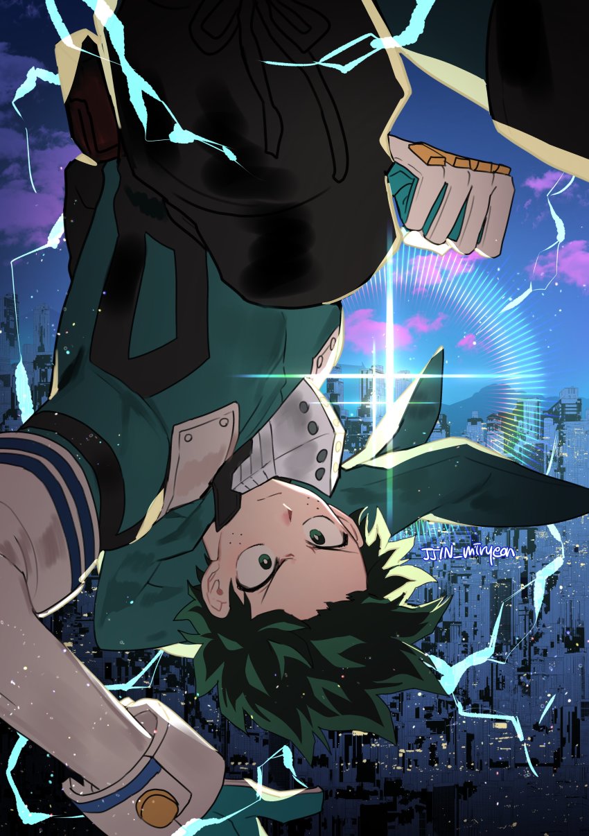 1boy, absurdres, bodysuit, boku_no_hero_academia, building, cityscape, clenched_hand, closed_mouth