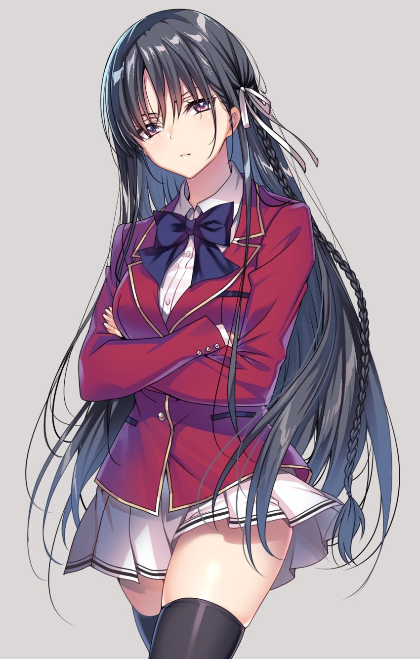 1girl, black_hair, black_thighhighs, braid, breasts, crossed_arms, grey_background, hario_4