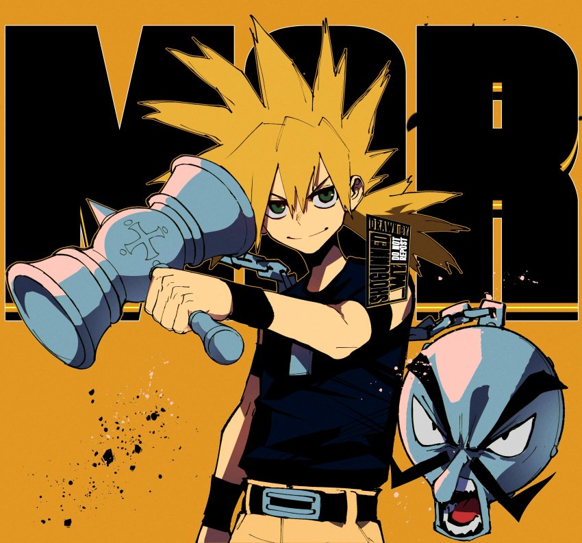 2boys, absurdres, armband, belt, black_eyes, blonde_hair, bonesaw_(rdkshinku), chain, closed_mouth, copyright_name, cross, facial_hair, green_eyes, hair_between_eyes, hammer, highres, holding, holding_hammer, holding_weapon, long_hair, marchen_awakens_romance, multiple_boys, mustache, open_mouth, ponytail, smile, spiked_hair, teeth, tongue, toramizu_ginta, watermark, weapon, wristband