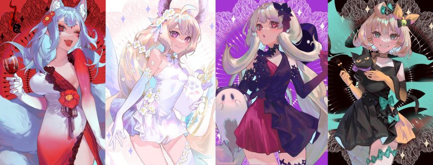 3others, 4girls, :o, absurdly_long_hair, absurdres, ahoge, alcohol, aloupeep_(enna_alouette)