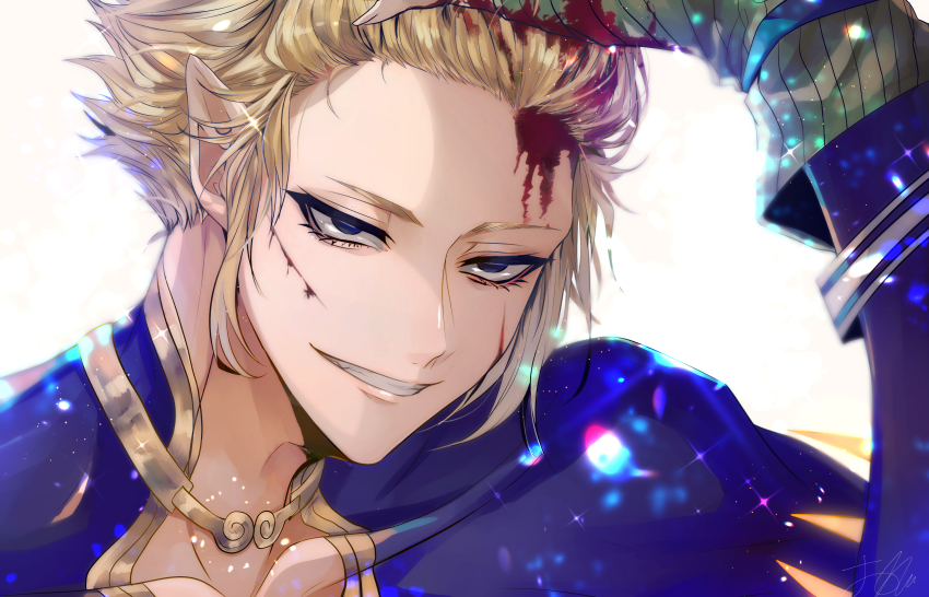 1boy, absurdres, blonde_hair, blood, blood_on_face, highres, injury, looking_at_viewer, male_focus, poseidon_(shuumatsu_no_valkyrie), short_hair, shuumatsu_no_valkyrie, simple_background, sirofuku414, smile, solo, white_background