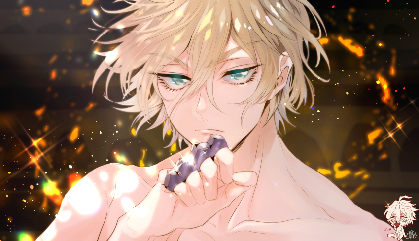 1boy, absurdres, adam_(shuumatsu_no_valkyrie), blonde_hair, brass_knuckles, chibi, chibi_inset, highres, looking_at_viewer, male_focus, short_hair, shuumatsu_no_valkyrie, sirofuku414, solo, weapon