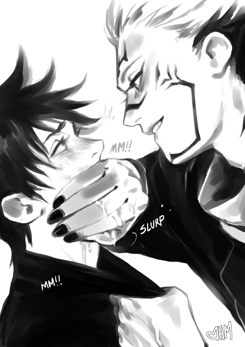 2boys, arm_tattoo, blush, clothes_grab, facial_tattoo, fingernails, forehead_tattoo, french_kiss