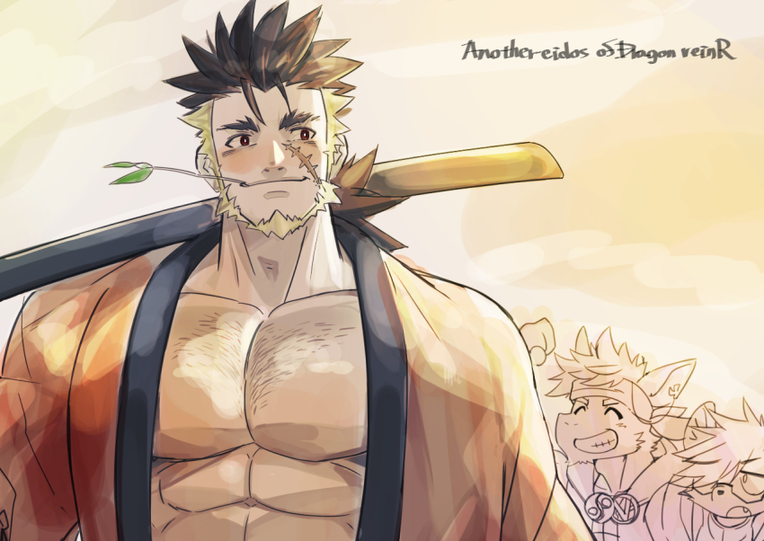 abs, another_eidos-r, bara, bare_pectorals, black_hair, blonde_hair, blush, chest_hair, closed_mouth, fang, fu_(another_eidos), furry, furry_male, glasses, headband, hood, hoodie, japanese_clothes, jinnosuke_(another_eidos), kimono, large_pectorals, long_hair, looking_to_the_side, male_focus, manly, mature_male, multicolored_hair, multiple_boys, muscular, muscular_male, open_mouth, over_shoulder, pectorals, rai_(another_eidos), red_eyes, scar, scar_on_face, smile, spiked_hair, sword, teeth, upper_body, waku_(ayamix), weapon, weapon_over_shoulder, wooden_sword, yukata