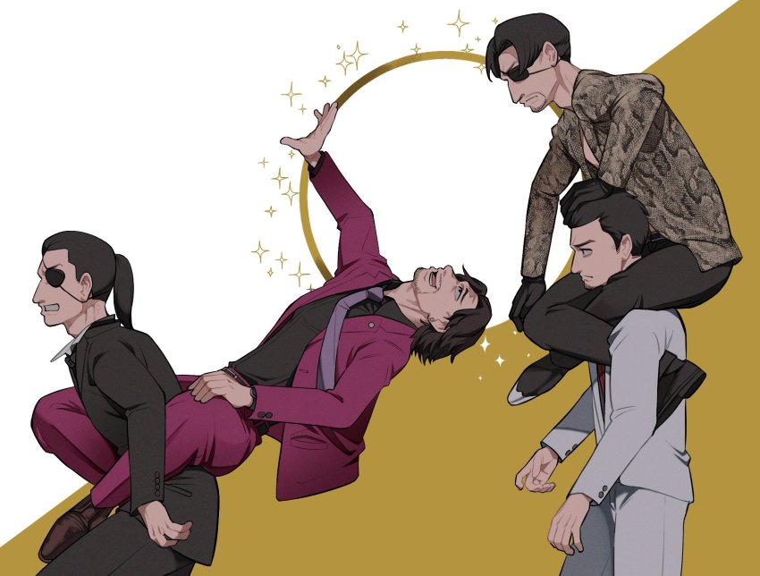 4boys, black_hair, black_jacket, black_pants, blouse, brown_footwear, circle, clenched_teeth, commentary, english_commentary, enokido, grey_jacket, grey_pants, highres, jacket, kiryu_kazuma, majima_goro, multiple_boys, necktie, nishitani_homare, aged_up, pants, ponytail, purple_necktie, red_jacket, red_shirt, ryuu_ga_gotoku_(series), ryuu_ga_gotoku_0, ryuu_ga_gotoku_1, ryuu_ga_gotoku_kiwami, shirt, shoes, sitting, sitting_on_person, socks, sparkle, teeth, timeskip, yakuza, aged_down