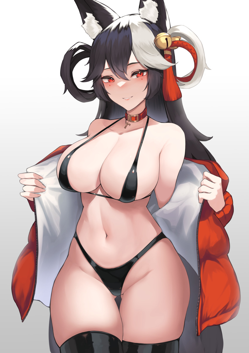 1girl, absurdres, animal_ear_fluff, animal_ears, bell, bikini, black_bikini, black_hair