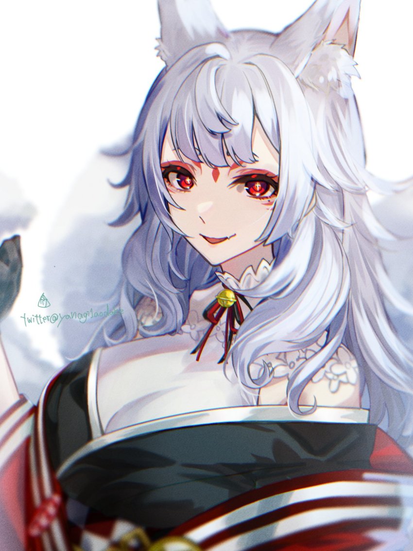 1girl, animal_ears, bell, black_gloves, black_kimono, black_ribbon, breasts, checkered_sash, extra_ears, eyeliner, eyeshadow, facial_mark, forehead_mark, fox_ears, fox_girl, fox_tail, gloves, grey_hair, halterneck, highres, japanese_clothes, jingle_bell, kimono, large_breasts, looking_at_viewer, makeup, mature_female, medium_hair, mole, mole_under_eye, multiple_tails, neck_ribbon, nijisanji, nijisanji_en, nina_kosaka, nina_kosaka_(1st_costume), off_shoulder, red_eyeliner, red_eyes, red_eyeshadow, red_ribbon, ribbon, short_eyebrows, smile, solo, tail, twitter_username, upper_body, virtual_youtuber, white_background, yanagi_(yanagi1aodake)