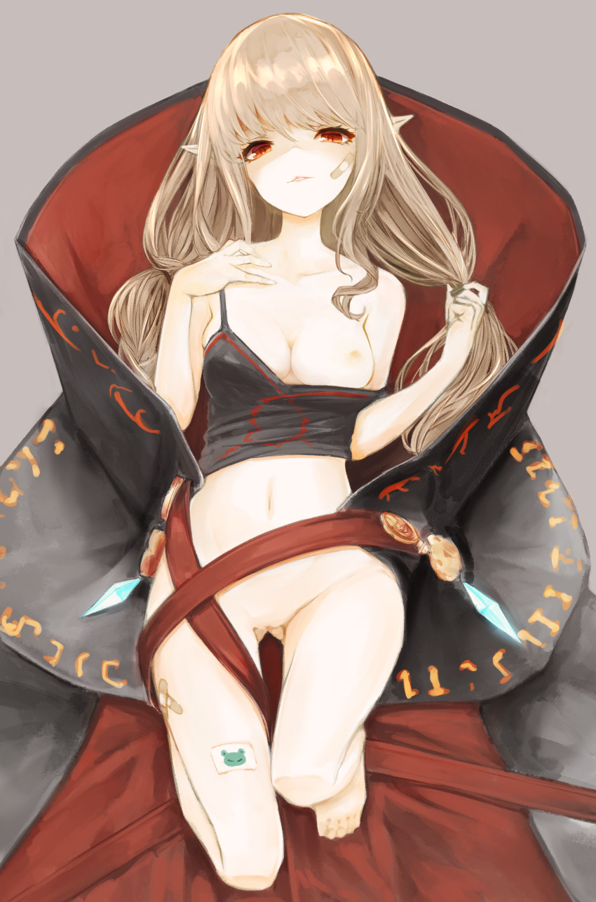 1girl, absurdres, bandages, bandaid, bandaid_on_face, bandaid_on_leg, black_shirt, blonde_hair, blouse, cape, commission, commissioner_upload, dungeon_and_fighter, full_body, highres, holding, holding_own_hair, ikki_the_vikki, long_hair, miyopiwi, no_bra, no_panties, shirt, skeb_commission, solo, undressing