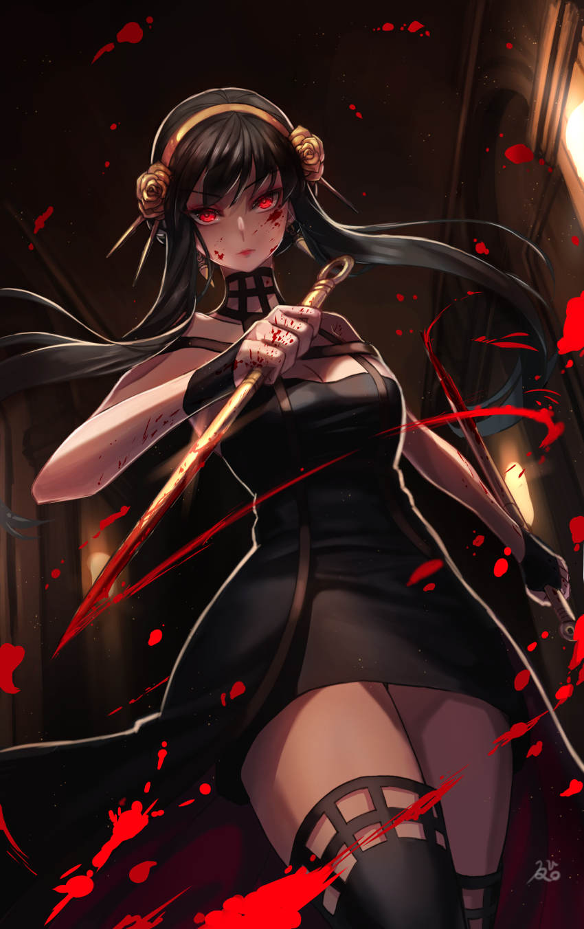 1girl, absurdres, black_boots, black_dress, black_gloves, black_hair, blood, blood_on_arm, blood_on_face, bloody_weapon, boots, breasts, cowboy_shot, dagger, dress, dual_wielding, earrings, fingerless_gloves, gloves, gold_earrings, gold_hairband, hairband, highres, holding, holding_dagger, holding_knife, holding_weapon, jewelry, knife, kuro_(ning2763), large_breasts, medium_breasts, red_dress, red_eyes, reverse_grip, short_hair, short_hair_with_long_locks, sidelocks, sleeveless, sleeveless_dress, solo, spy_x_family, thigh_boots, thighhighs, two-sided_dress, two-sided_fabric, weapon, yor_briar