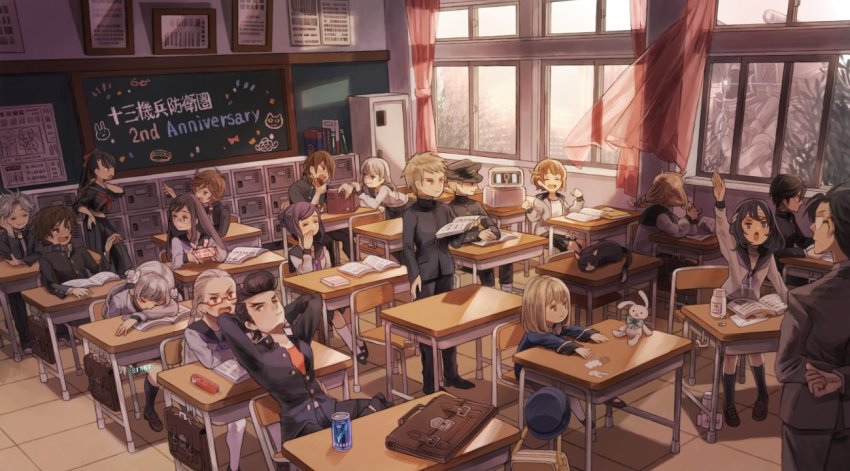 6+boys, 6+girls, amiguchi_shuu, anniversary, arm_at_side, arm_up, arms_behind_back, arms_behind_head