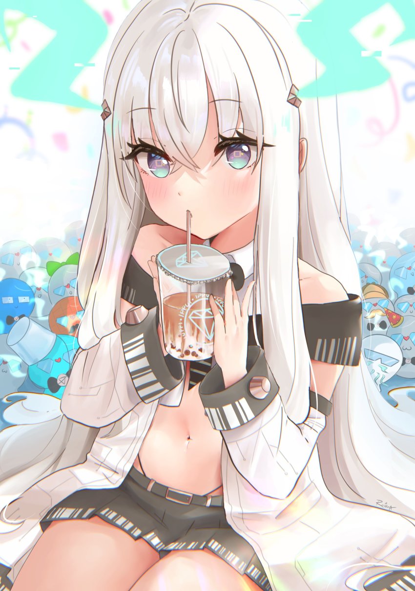 1girl, absurdres, aqua_eyes, bare_shoulders, blouse, bubble_tea, commission, cropped_shirt, cup, detached_sleeves, disposable_cup, dragon_girl, drink, drinking, drinking_straw, drinking_straw_in_mouth, gradient_eyes, grey_hair, highleg, highleg_panties, highres, holding, holding_drink, holographic_horns, ibuki_meno, iced_tea, long_hair, microskirt, midriff, multicolored_eyes, navel, necktie, otagon_(ibuki_meno), panties, pleated_skirt, prism_project, purple_eyes, reiny, shirt, skirt, sleeveless, sleeveless_jacket, sleeveless_shirt, solo_focus, tea, underwear, virtual_youtuber