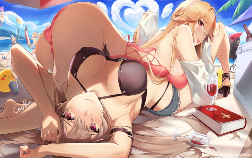 ?, alternate_breast_size, amagi_(azur_lane), anchor_earrings, arm_strap, ayanami_(azur_lane), azur_lane, backless_swimsuit, beach, beach_volleyball, bible_(object), bikini, bikini_under_clothes, black_bikini, blonde_hair, blue_bikini, book, brown_bikini, cloud, commission, criss-cross_halter, cross-laced_clothes, cross-laced_one-piece_swimsuit, cup, cutoff_jeans, cutoffs, drinking_glass, earrings, frilled_bikini, frilled_thigh_strap, frills, front-tie_bikini_top, front-tie_top, gainoob, hair_spread_out, halterneck, high_heel_sandals, high_heels, high_ponytail, highleg, highleg_bikini, javelin_(azur_lane), javelin_(beach_picnic!)_(azur_lane), jean_bart_(azur_lane), jean_bart_(private_apres_midi)_(azur_lane), jewelry, light_brown_hair, manjuu_(azur_lane), micro_shorts, multicolored_bikini, multiple_girls, multiple_straps, one-piece_swimsuit, pink_one-piece_swimsuit, ponytail, red_eyes, richelieu_(azur_lane), richelieu_(fleuron_of_the_waves)_(azur_lane), sandals, see-through_clothes, see-through_shirt, shirt, shorts, siblings, side-tie_swimsuit, sisters, spoken_question_mark, surprised, swimsuit, thigh_strap, thighs, two-tone_bikini, wine_glass, z23_(azur_lane), z23_(breezy_doubles)_(azur_lane)