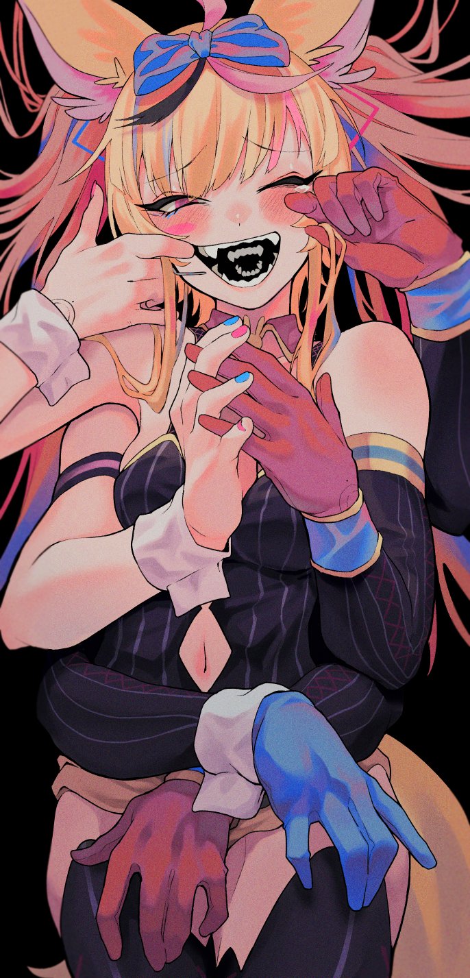 ;d, animal_ears, asymmetrical_gloves, bare_shoulders, black_background, black_hair, black_shirt, black_thighhighs